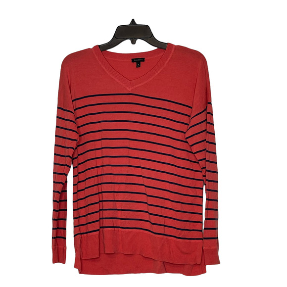 Talbots Womens V-Neck Sweater Size‎ Medium Red With Navy Striped Cotton Blend - Picture 1 of 4